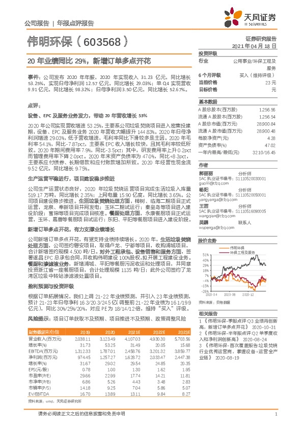 20年业绩同比29%，新增订单多点开花
