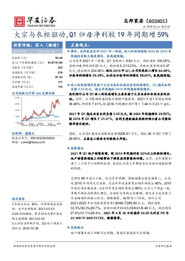 大宗与衣柜驱动，Q1归母净利较19年同期增59%