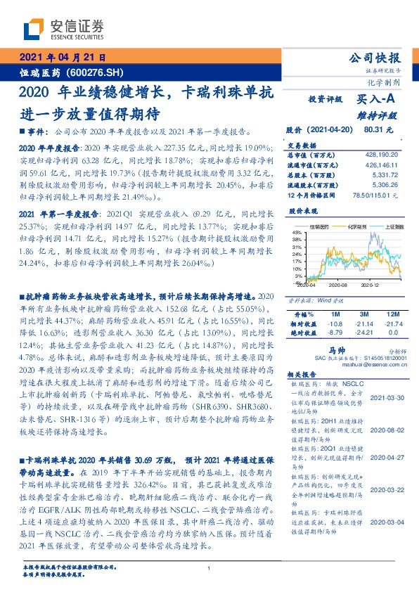 2020年业绩稳健增长，卡瑞利珠单抗进一步放量值得期待