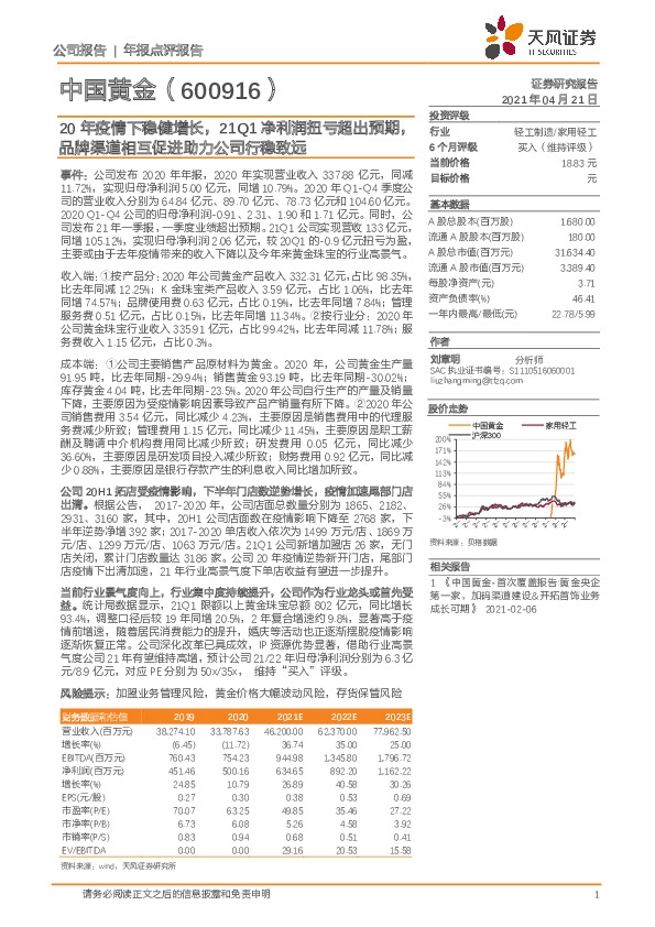 20年疫情下稳健增长，21Q1净利润扭亏超出预期，品牌渠道相互促进助力公司行稳致远