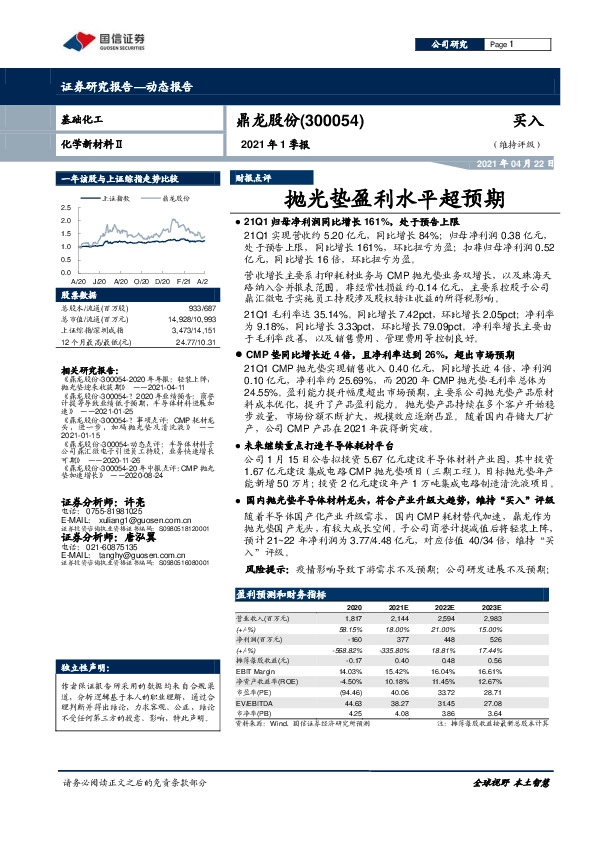 2021年1季报：抛光垫盈利水平超预期