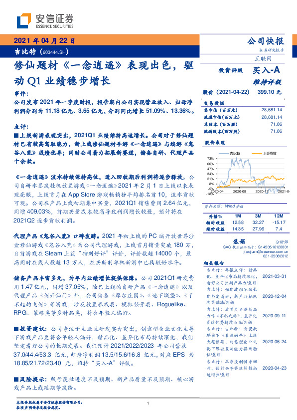 修仙题材《一念逍遥》表现出色，驱动Q1业绩稳步增长