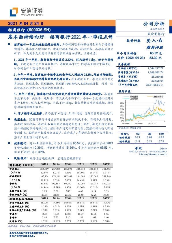 招商银行2021年一季报点评：基本面持续向好