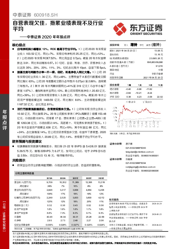 中泰证券2020年年报点评：自营表现欠佳，拖累业绩表现不及行业平均