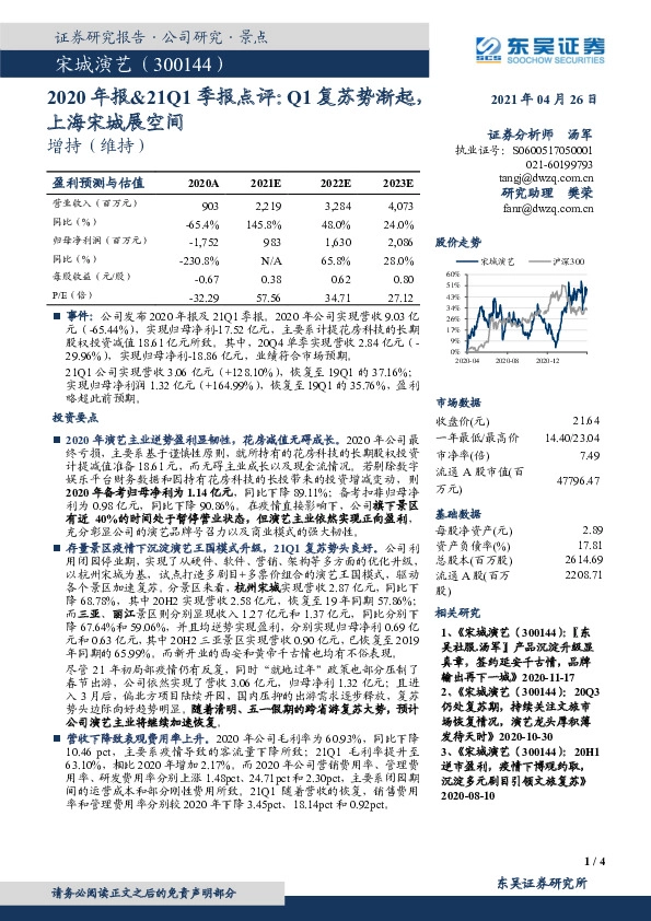 2020年报&21Q1季报点评：Q1复苏势渐起，上海宋城展空间