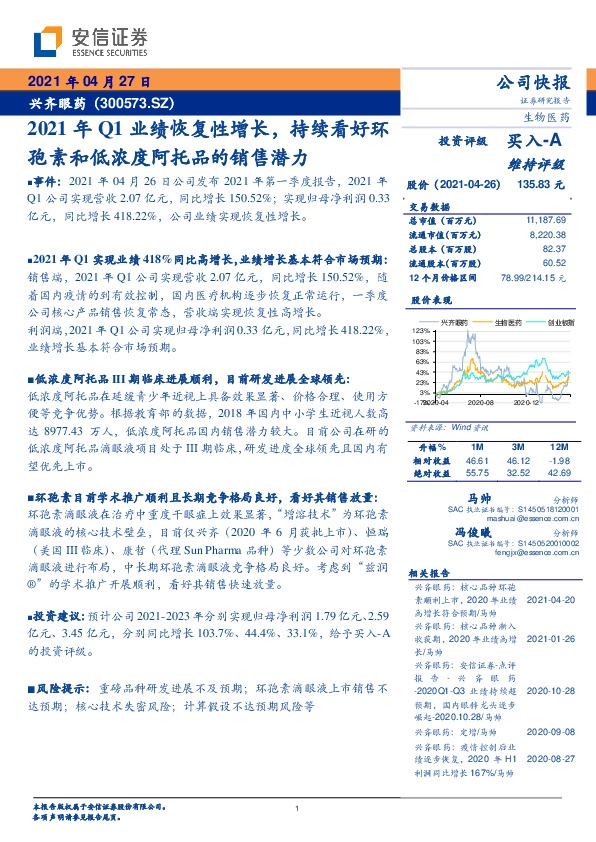 2021年Q1业绩恢复性增长，持续看好环孢素和低浓度阿托品的销售潜力