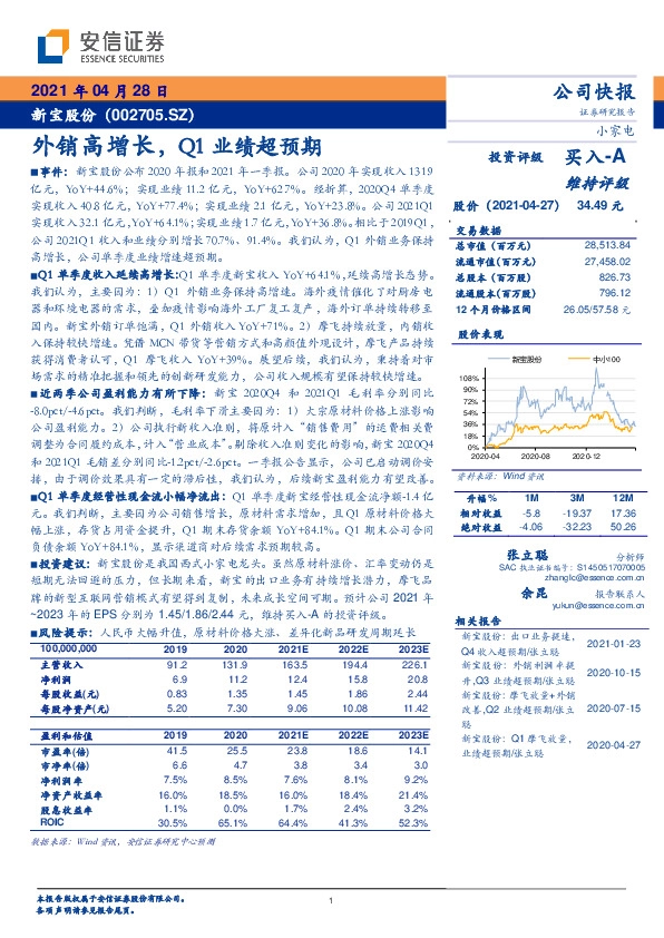 外销高增长，Q1业绩超预期