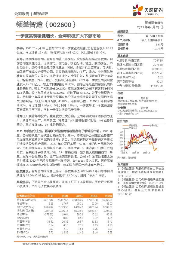 一季度实现稳健增长，全年积极扩大下游市场