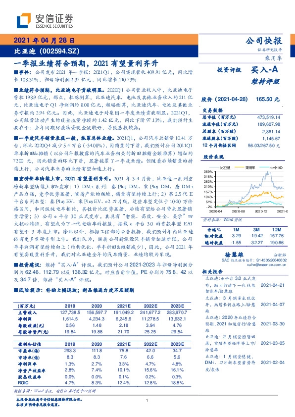 一季报业绩符合预期，2021有望量利齐升