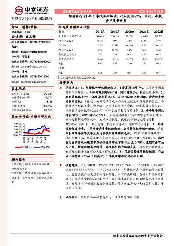 邮储银行21年1季报详细解读：收入同比+7%，中收、存款、资产质量优异