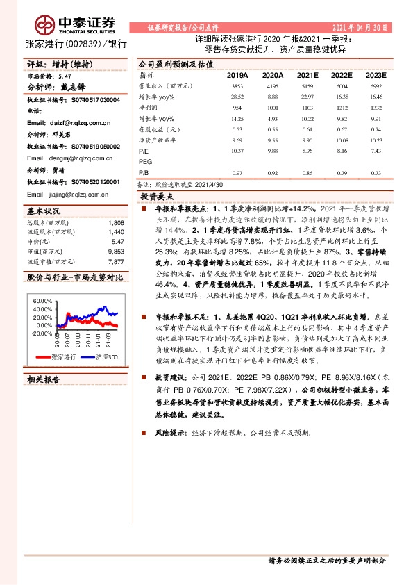 详细解读张家港行2020年报&2021一季报：零售存贷贡献提升，资产质量稳健优异