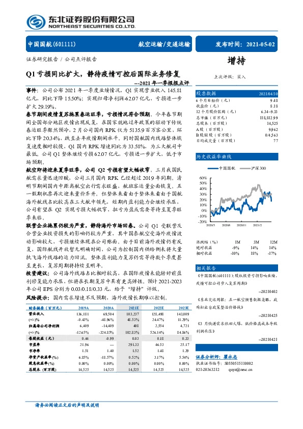 2021年一季报点评：Q1亏损同比扩大，静待疫情可控后国际业务修复