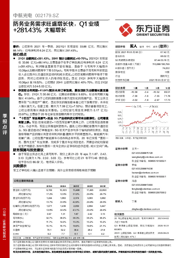 防务业务需求旺盛增长快，Q1业绩+281.43%大幅增长