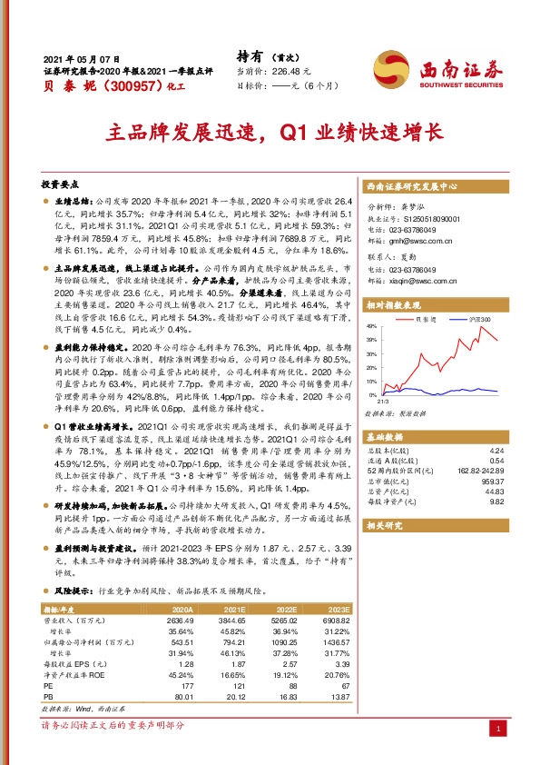 主品牌发展迅速，Q1业绩快速增长