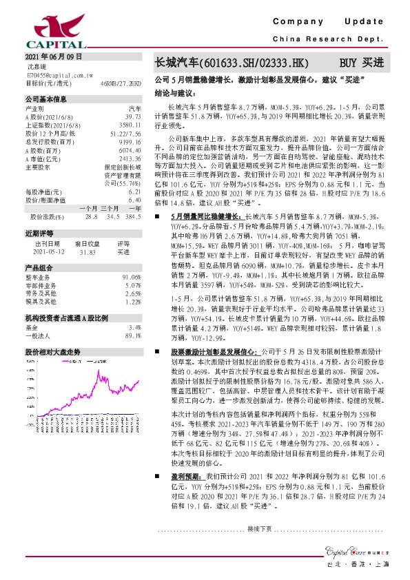 公司5月销量稳健增长，激励计划彰显发展信心，建议“买进”