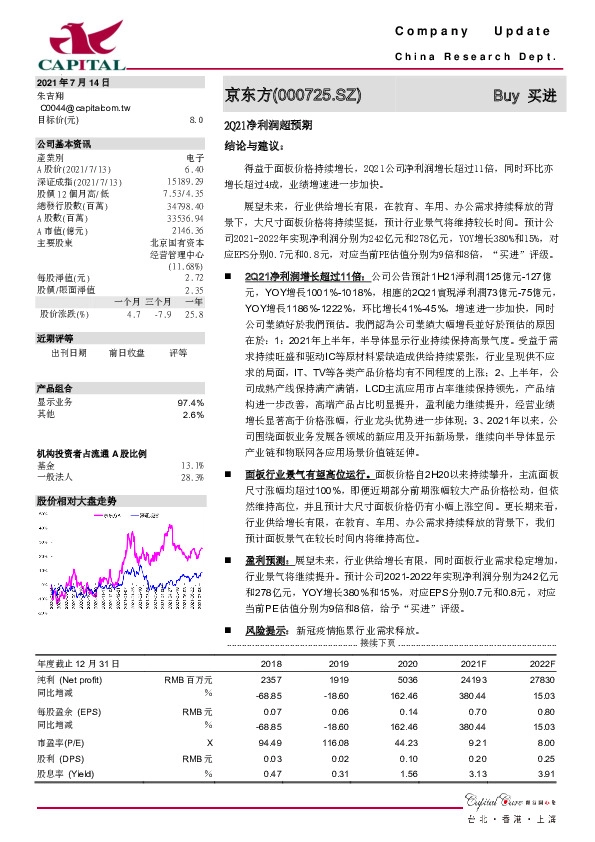 2Q21净利润超预期