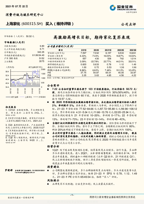 高激励高增长目标，期待家化复苏表现