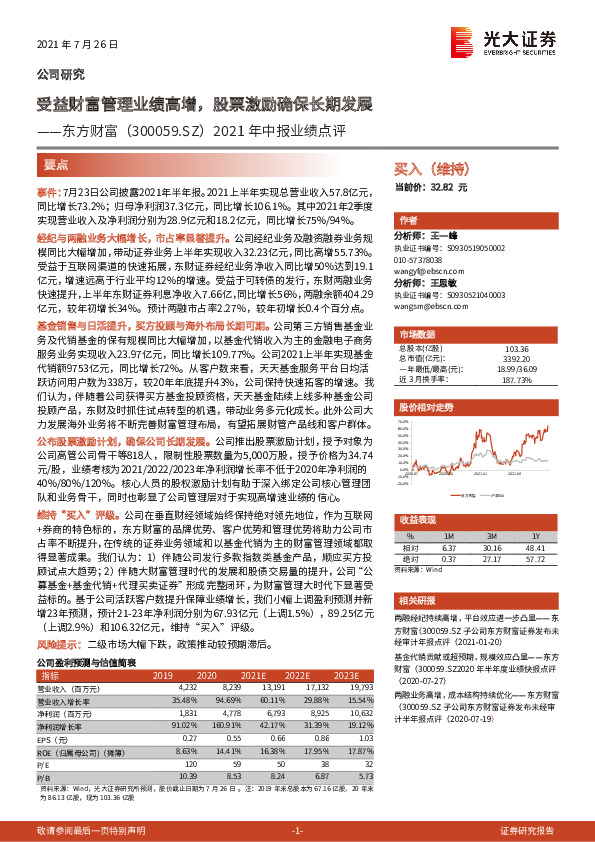 2021年中报业绩点评：受益财富管理业绩高增，股票激励确保长期发展