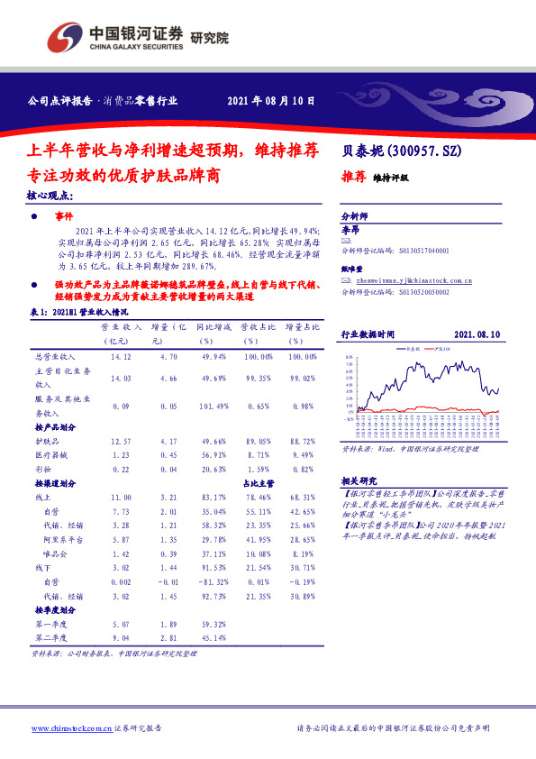 上半年营收与净利增速超预期，维持推荐专注功效的优质护肤品牌商