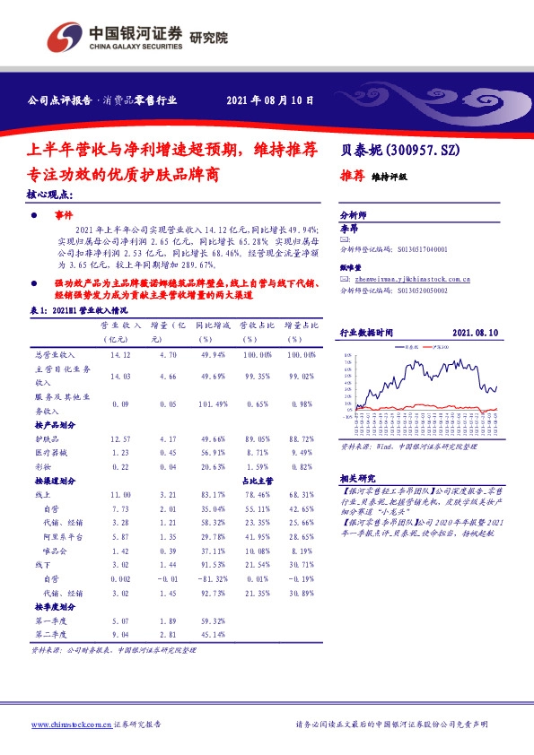 上半年营收与净利增速超预期，维持推荐专注功效的优质护肤品牌商