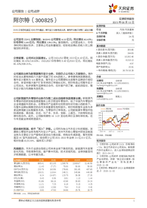 21H1归母净利接近2020全年数据，整车设计业务需求大增，零部件业务开辟第二成长曲线