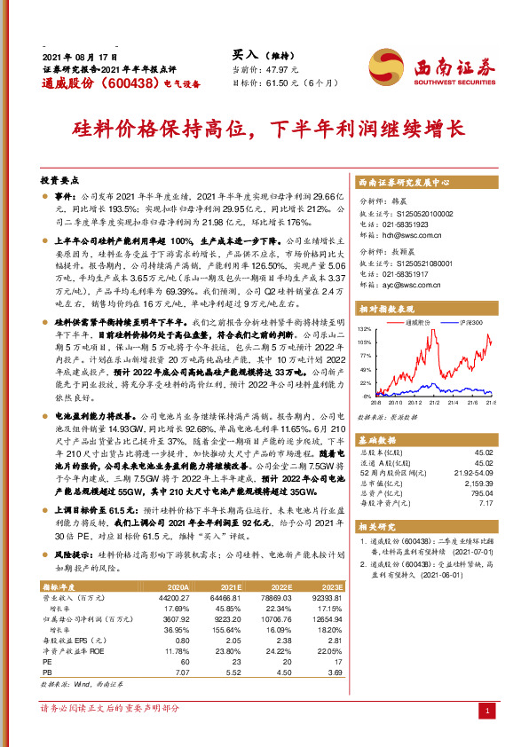 硅料价格保持高位，下半年利润继续增长
