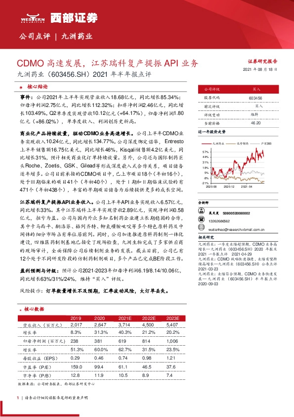 2021年半年报点评：CDMO高速发展，江苏瑞科复产提振API业务