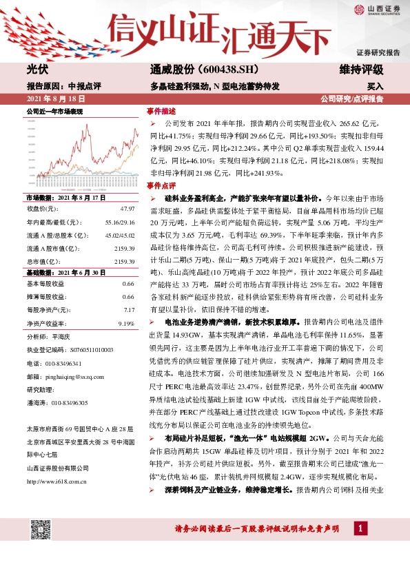 多晶硅盈利强劲，N型电池蓄势待发