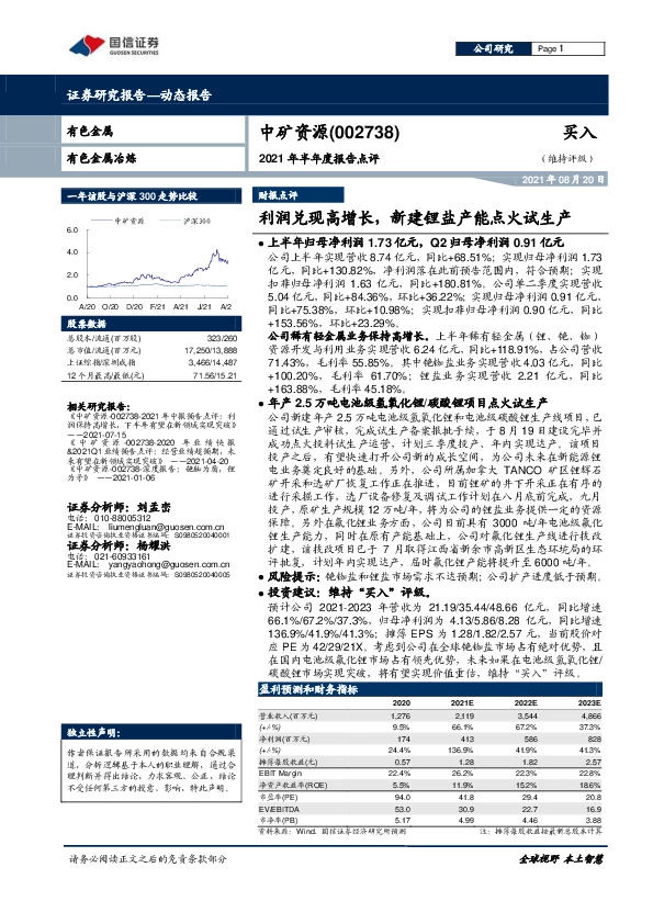 2021年半年度报告点评：利润兑现高增长，新建锂盐产能点火试生产