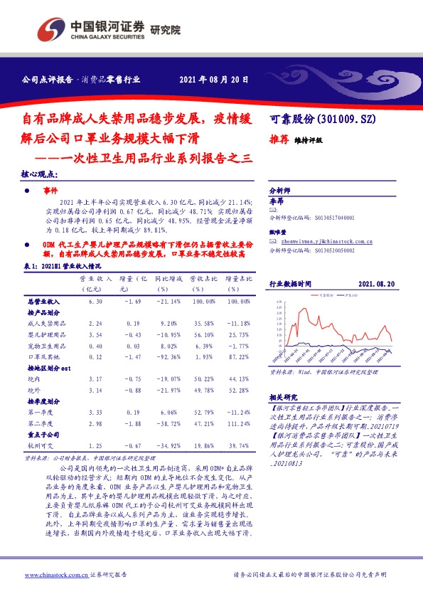 一次性卫生用品行业系列报告之三：自有品牌成人失禁用品稳步发展，疫情缓解后公司口罩业务规模大幅下滑