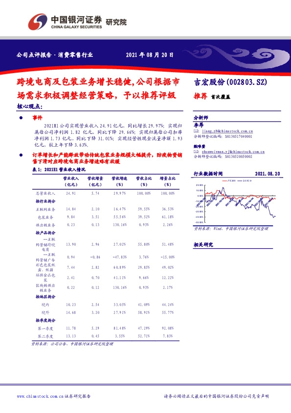跨境电商及包装业务增长稳健，公司根据市场需求积极调整经营策略，予以推荐评级