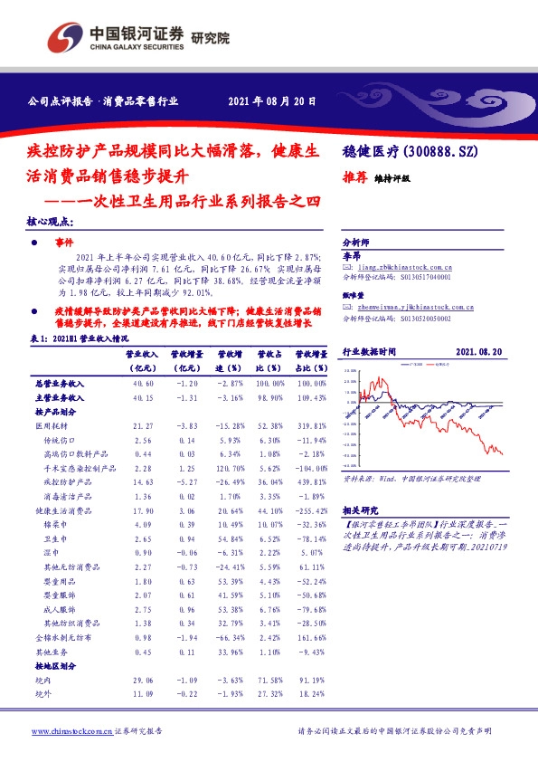 一次性卫生用品行业系列报告之四：疾控防护产品规模同比大幅滑落，健康生活消费品销售稳步提升