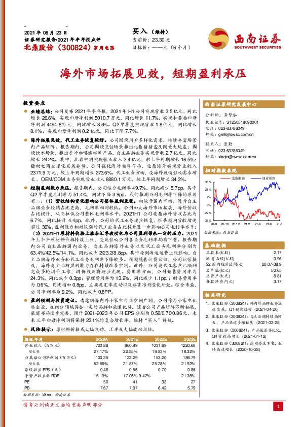 海外市场拓展见效，短期盈利承压