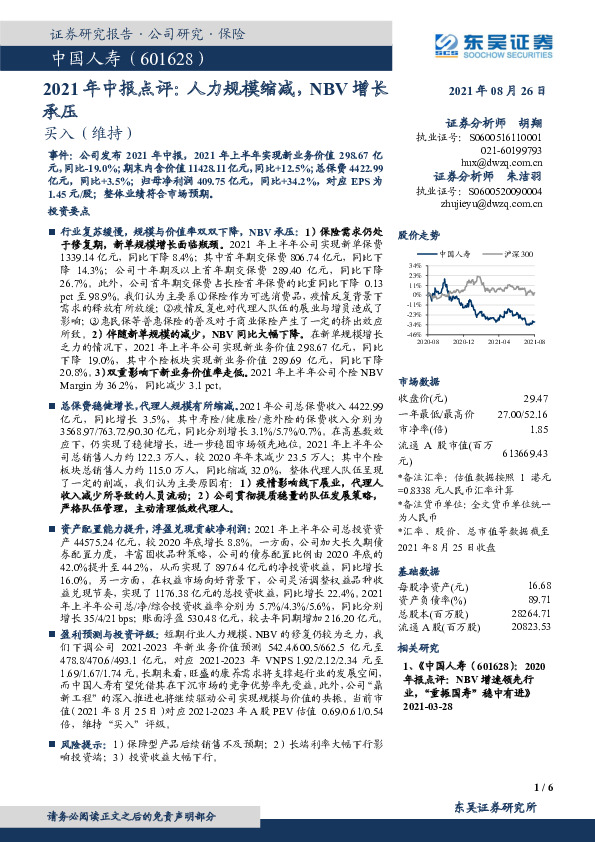 2021年中报点评：人力规模缩减，NBV增长承压