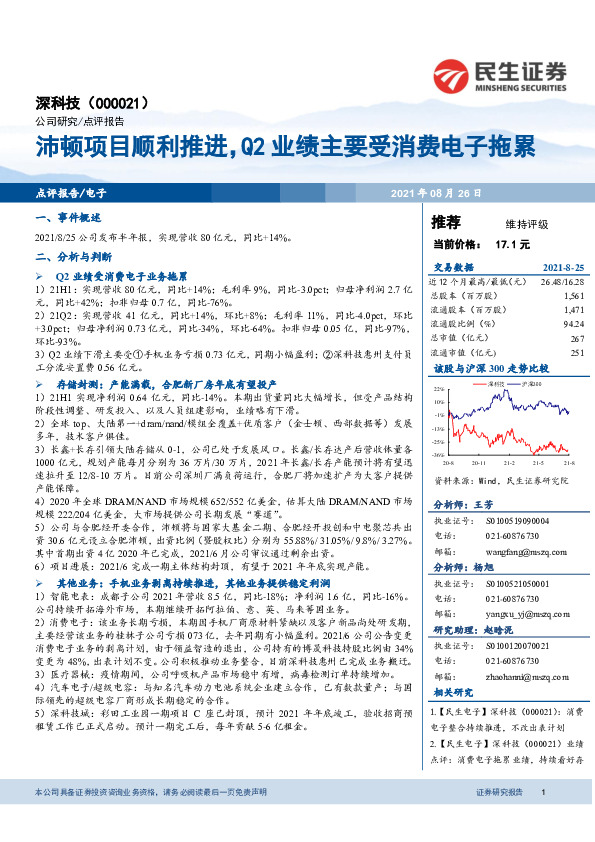 沛顿项目顺利推进，Q2业绩主要受消费电子拖累
