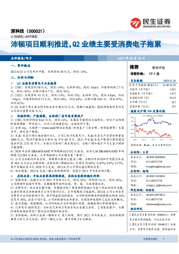沛顿项目顺利推进，Q2业绩主要受消费电子拖累