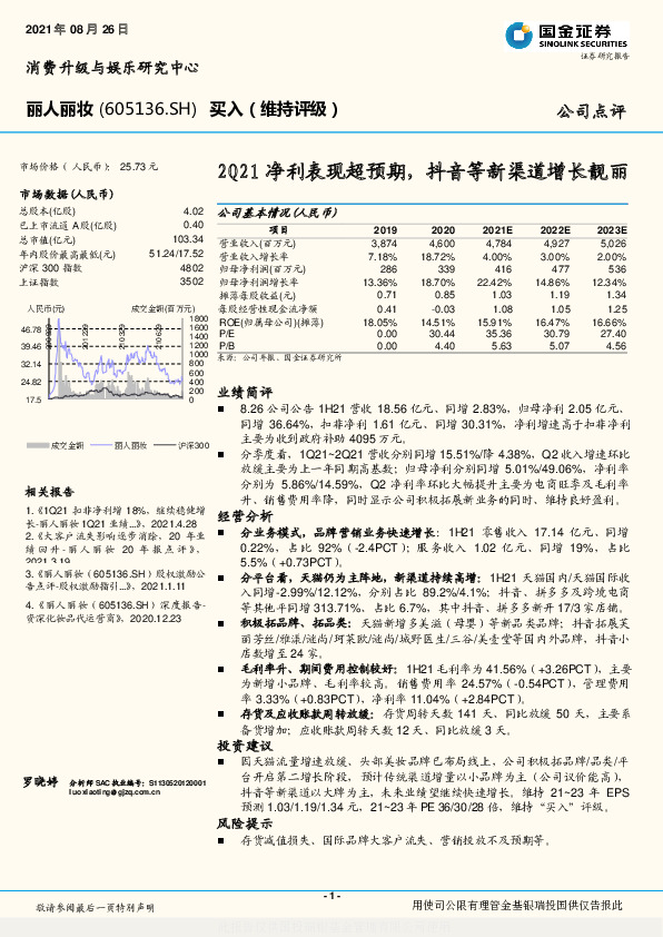 2Q21净利表现超预期，抖音等新渠道增长靓丽