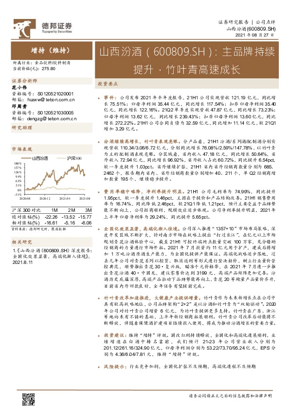 主品牌持续提升，竹叶青高速成长