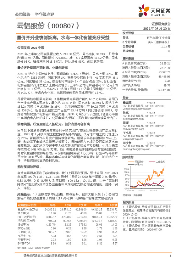 半年报点评：量价齐升业绩创新高，水电一体化有望充分受益