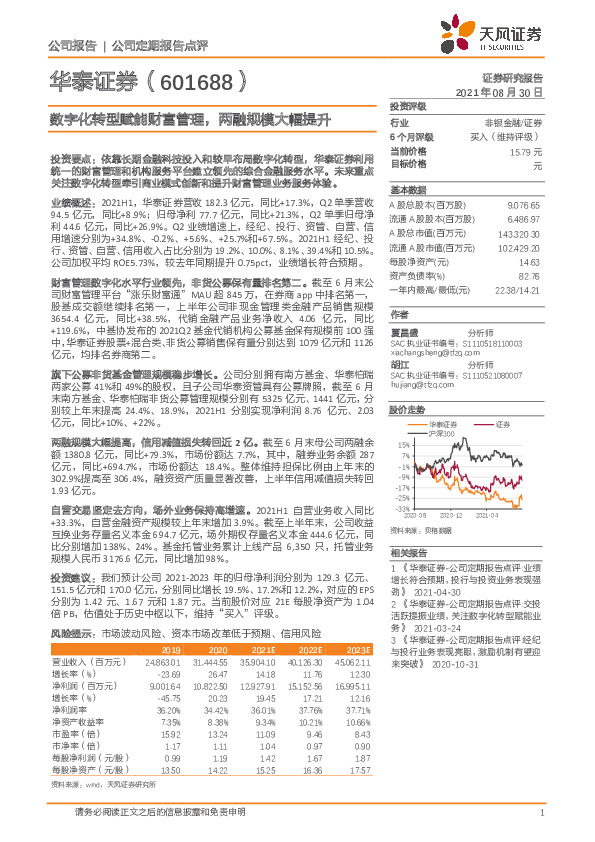 数字化转型赋能财富管理，两融规模大幅提升
