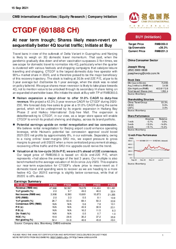 At near term trough; Shares likely mean-revert on sequentially better 4Q tourist traffic; Initiate at Buy