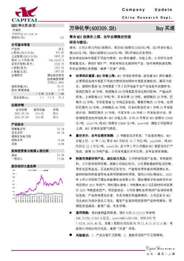 聚合MDI挂牌价上调，全年业绩确定性强