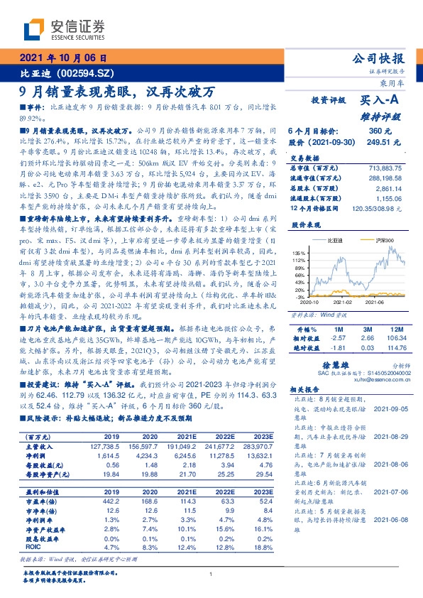 9月销量表现亮眼，汉再次破万