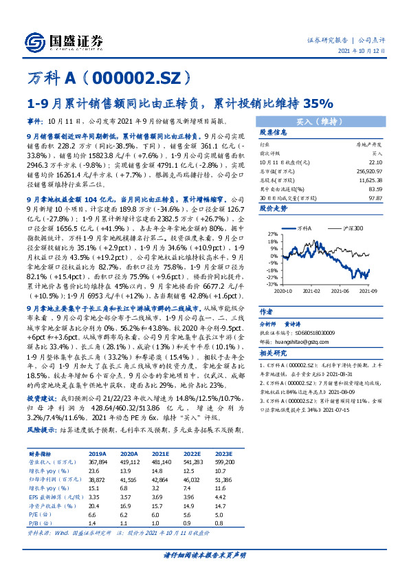 1-9月累计销售额同比由正转负，累计投销比维持35%