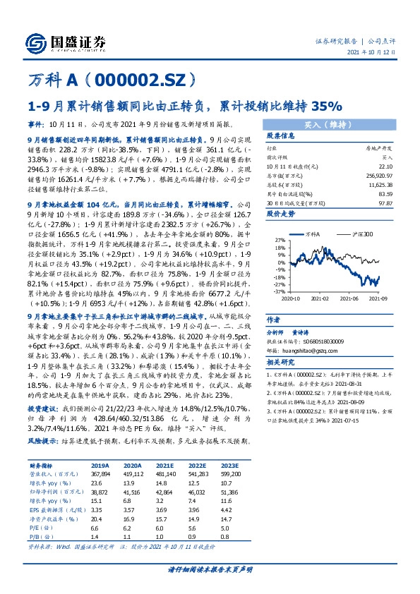 1-9月累计销售额同比由正转负，累计投销比维持35%