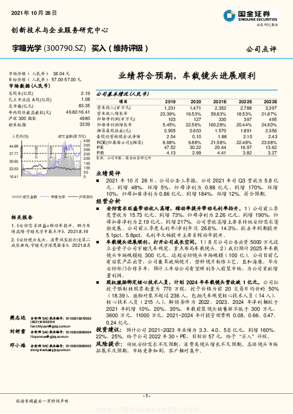 业绩符合预期，车载镜头进展顺利