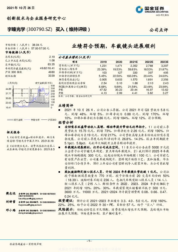 业绩符合预期，车载镜头进展顺利