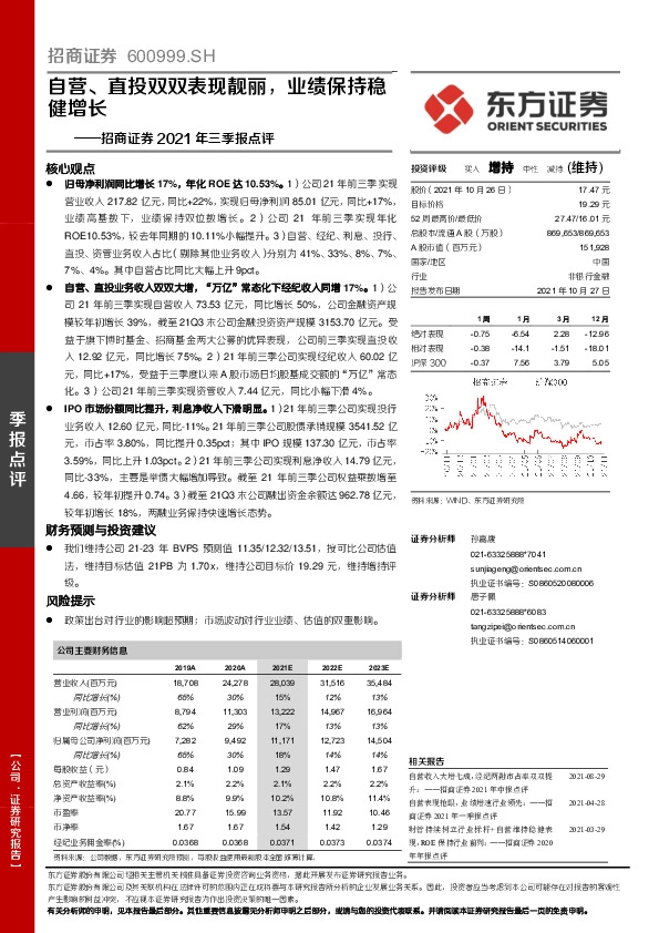 招商证券2021年三季报点评：自营、直投双双表现靓丽，业绩保持稳健增长