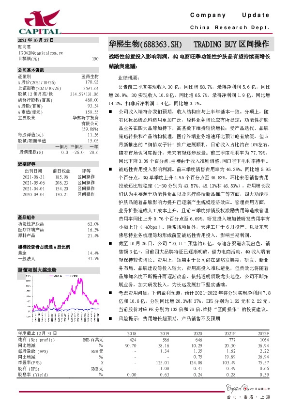 战略性前置投入影响利润，4Q电商旺季功能性护肤品有望持续高增长