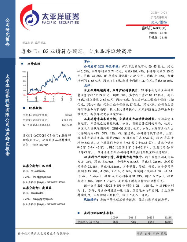 喜临门：Q3业绩符合预期，自主品牌延续高增